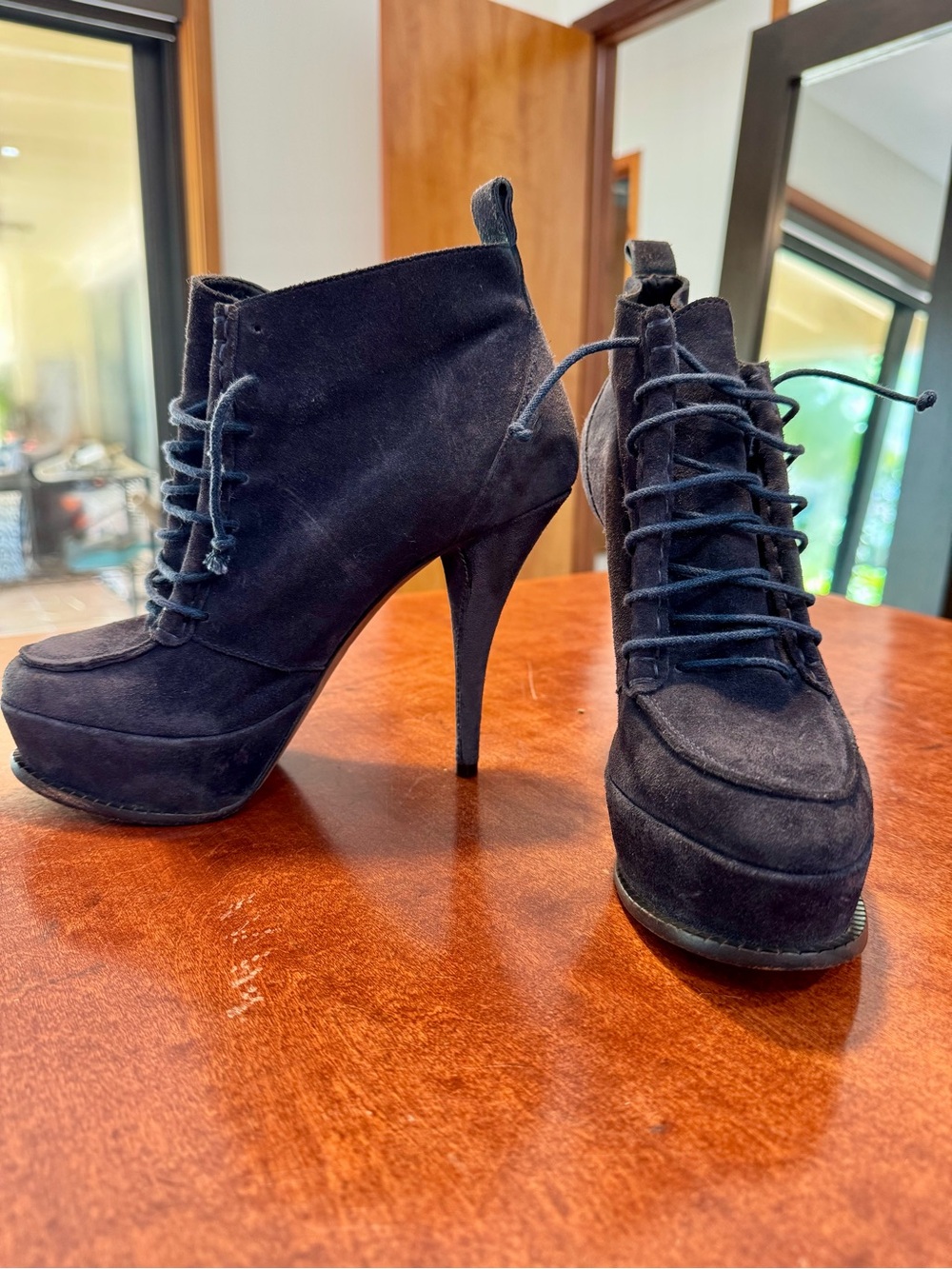 Elizabeth and James Navy Blue Suede Lace-Up Platform Ankle Booties